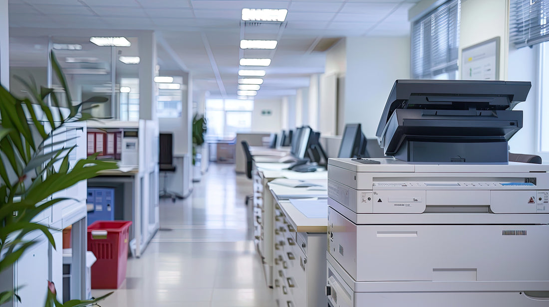 A modern open-plan office environment with a large business-class multifunction copier in the foreground on the right, filing cabinets and workstations visible in the background, bright overhead lighting, and plants adding greenery to the space