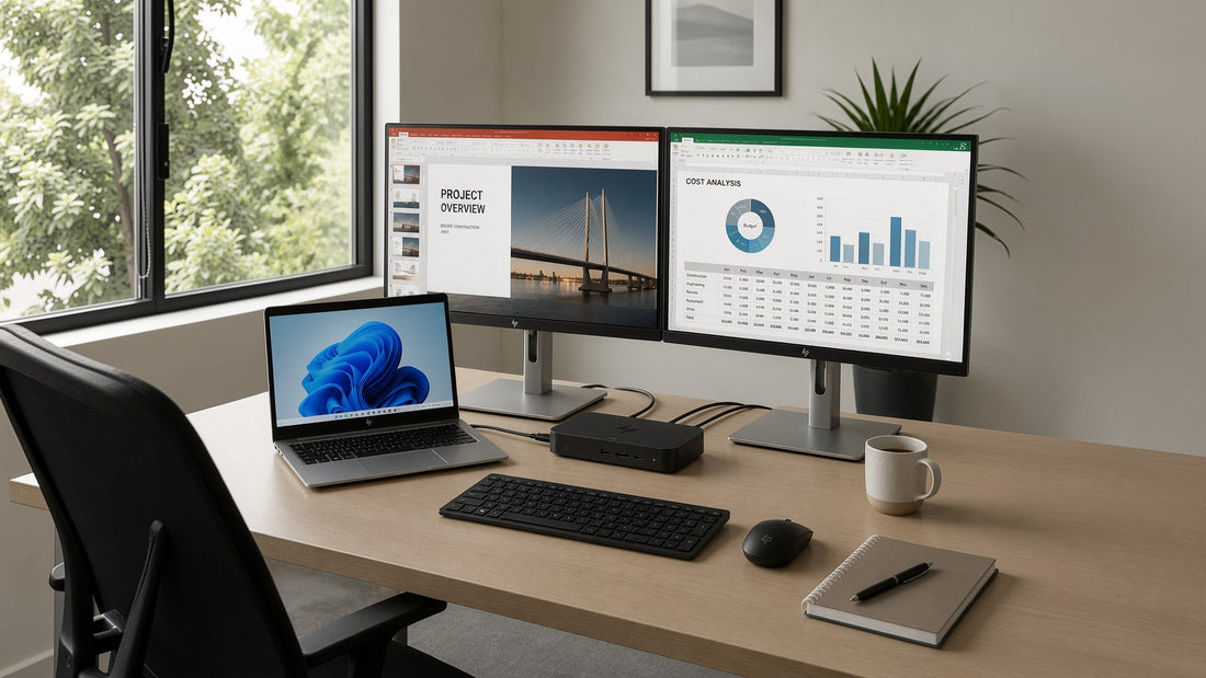 Laptop and dual-monitor workstation setup on an office desk for hybrid business work.