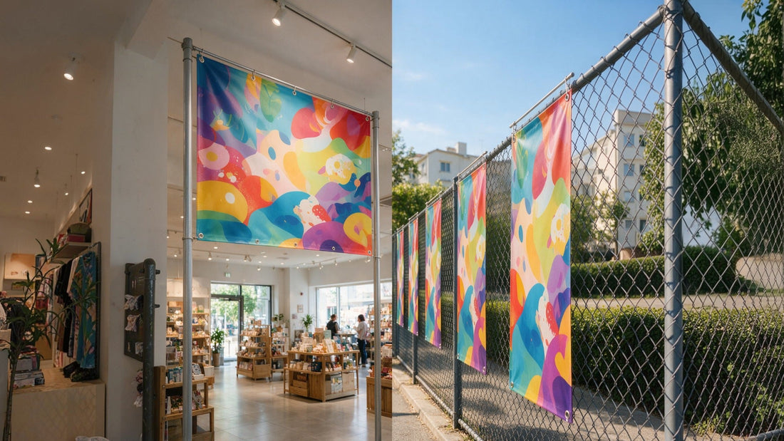Split image showing colorful indoor retail display signage and outdoor fence banners for print display material comparison.
