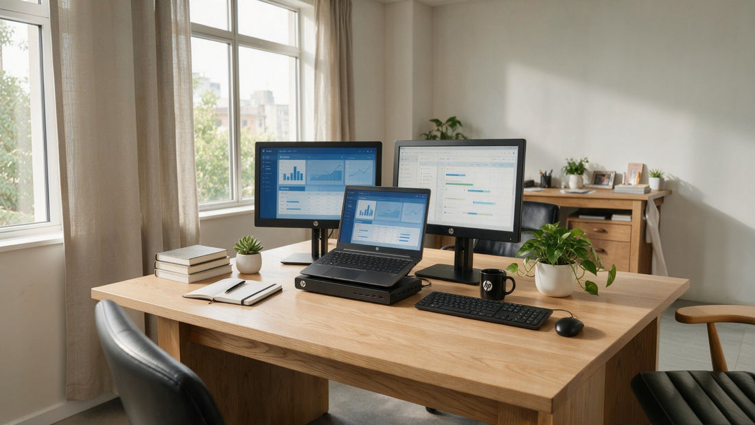Laptop and dual-monitor workstation setup on an office desk for hybrid business work.