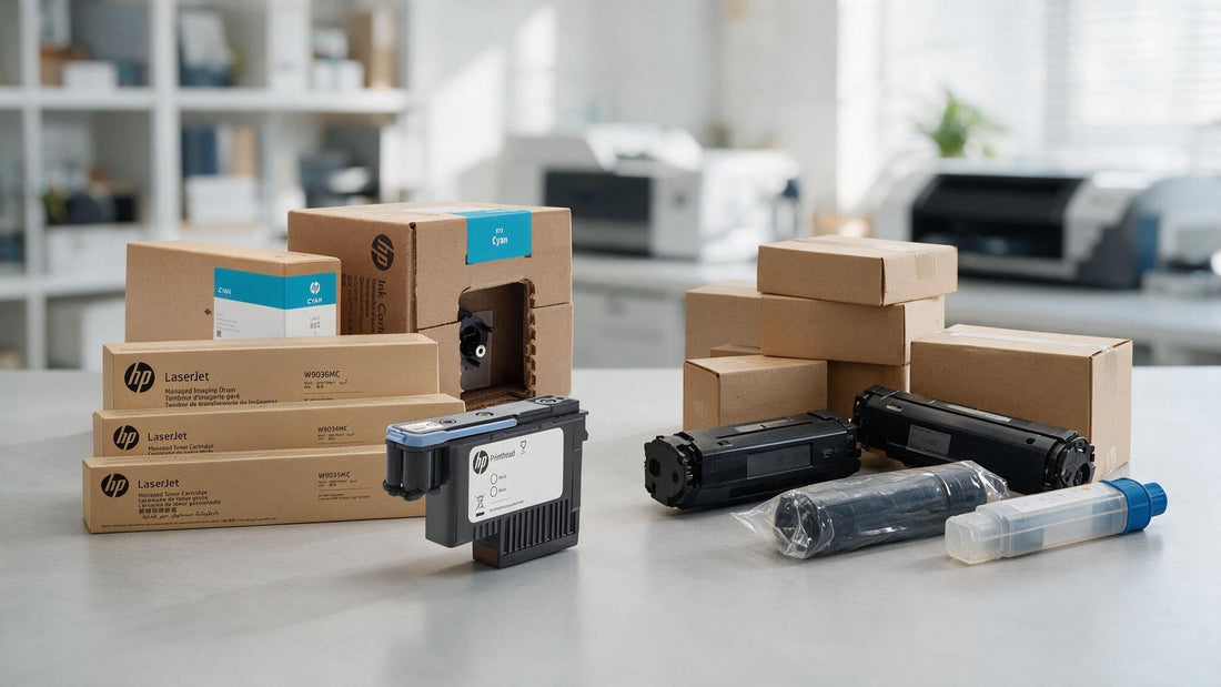 OEM HP printer supplies shown beside generic third-party printer cartridges and packaging in a clean office print environment.