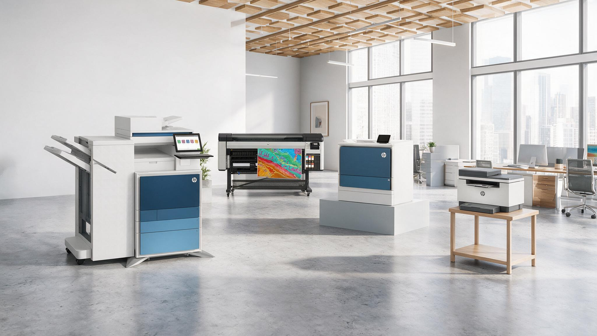 Modern showroom with office printers, production print equipment, and wide-format printing systems displayed in a bright workspace.