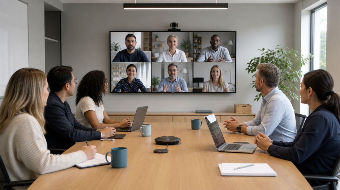 Hybrid meeting in a modern conference room with in-person participants and remote attendees connected by video conferencing technology.