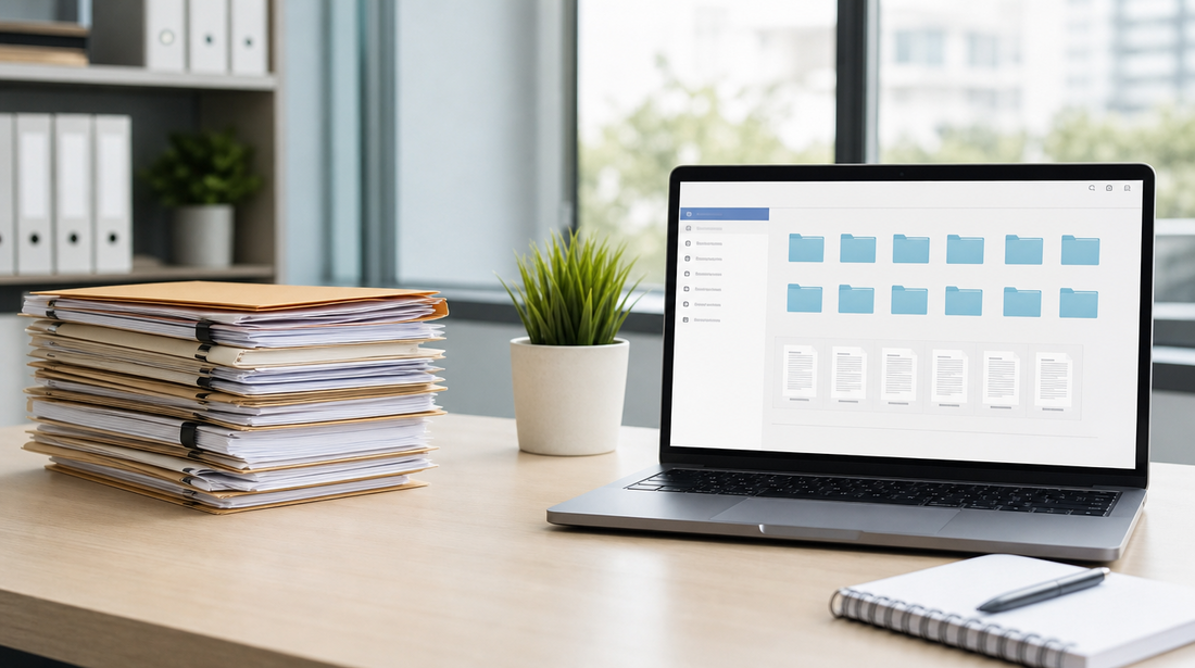 Stack of paper business documents beside a laptop displaying organized digital files, representing document scanning and digitization.
