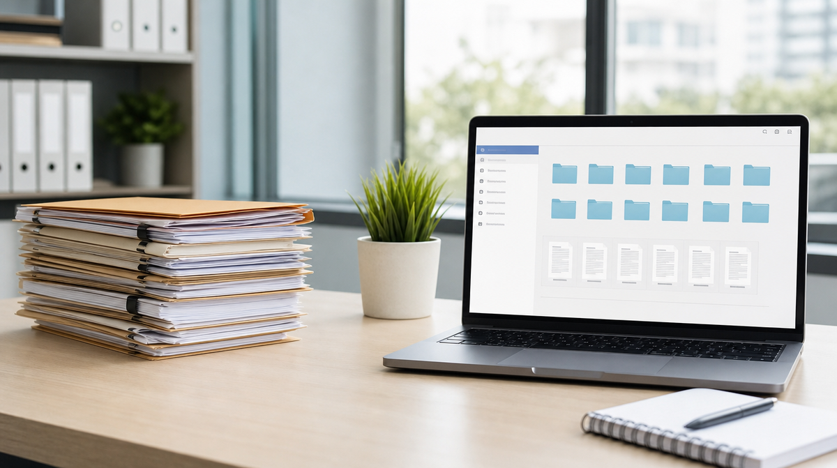 Stack of paper business documents beside a laptop displaying organized digital files, representing document scanning and digitization.