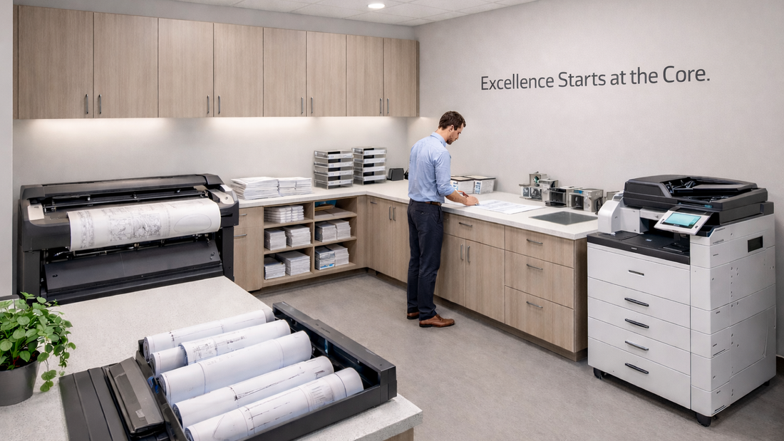 A professional man in business casual attire reviews documents at the counter of a modern, well-organized corporate print room featuring a wide format plotter on the left, built-in storage cabinets, architectural drawing rolls on the table