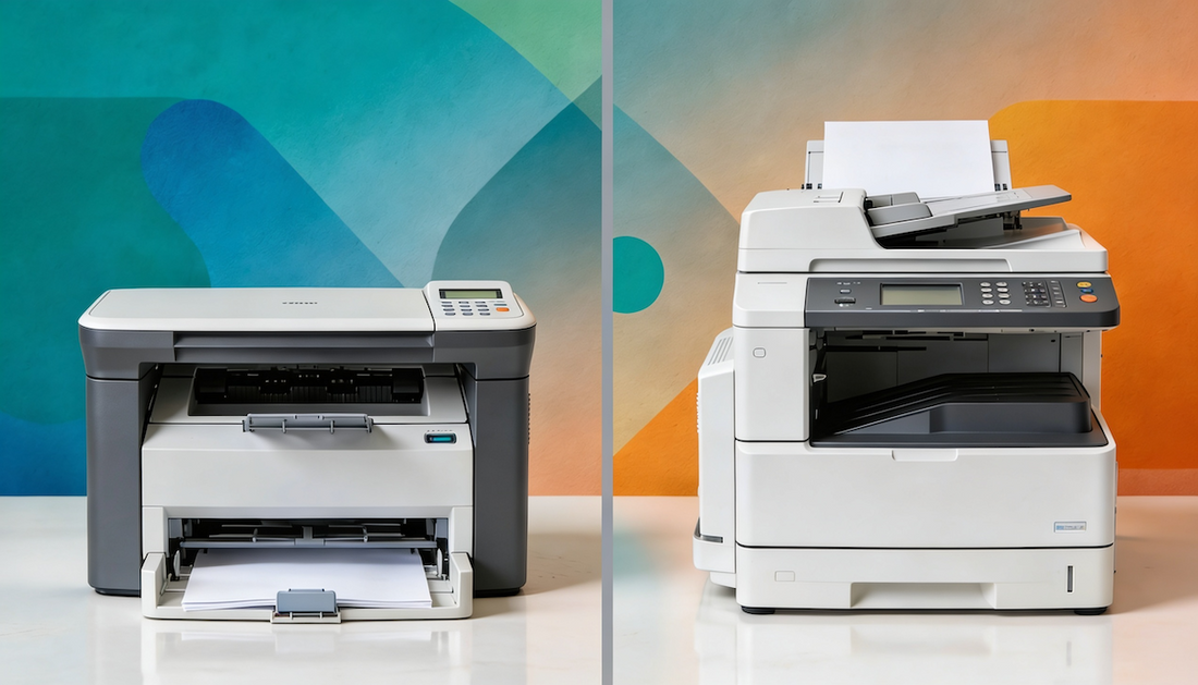 Header image for the CorePrint Solutions Core Perspectives blog post on choosing between a desktop printer and a full-size business copier. Shows both device types side by side to visually represent the comparison discussed in the article.