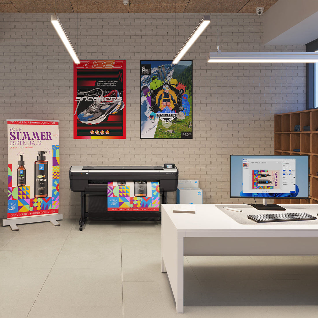 Large-format printer producing colorful marketing materials in a professional print workspace.