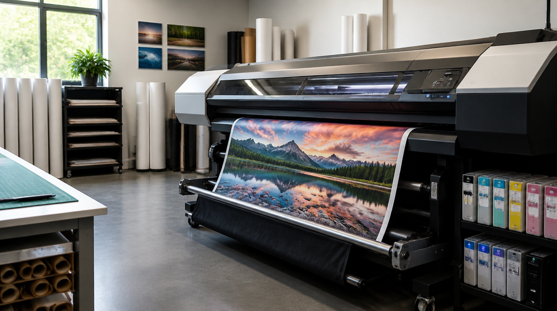 A wide format plotter in a print room displaying an error code reading ERROR Error Code 16 on its control panel screen, with rolls of media and ink bottles visible on shelving in the background and a second printer partially visible to the right