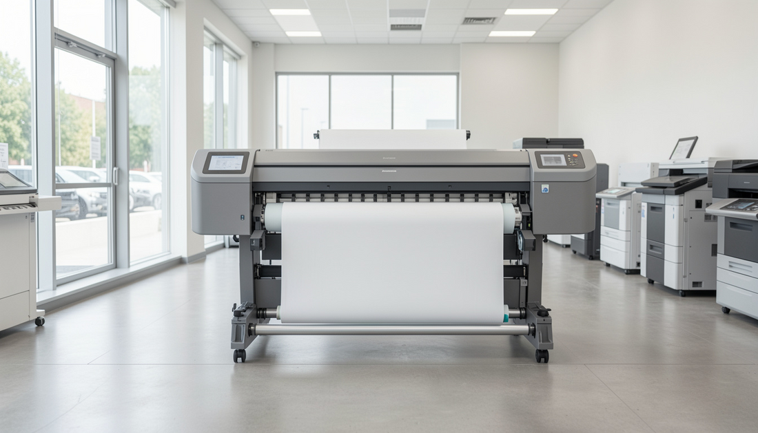 A wide format plotter in a print room displaying an error code reading ERROR Error Code 16 on its control panel screen, with rolls of media and ink bottles visible on shelving in the background and a second printer partially visible to the right
