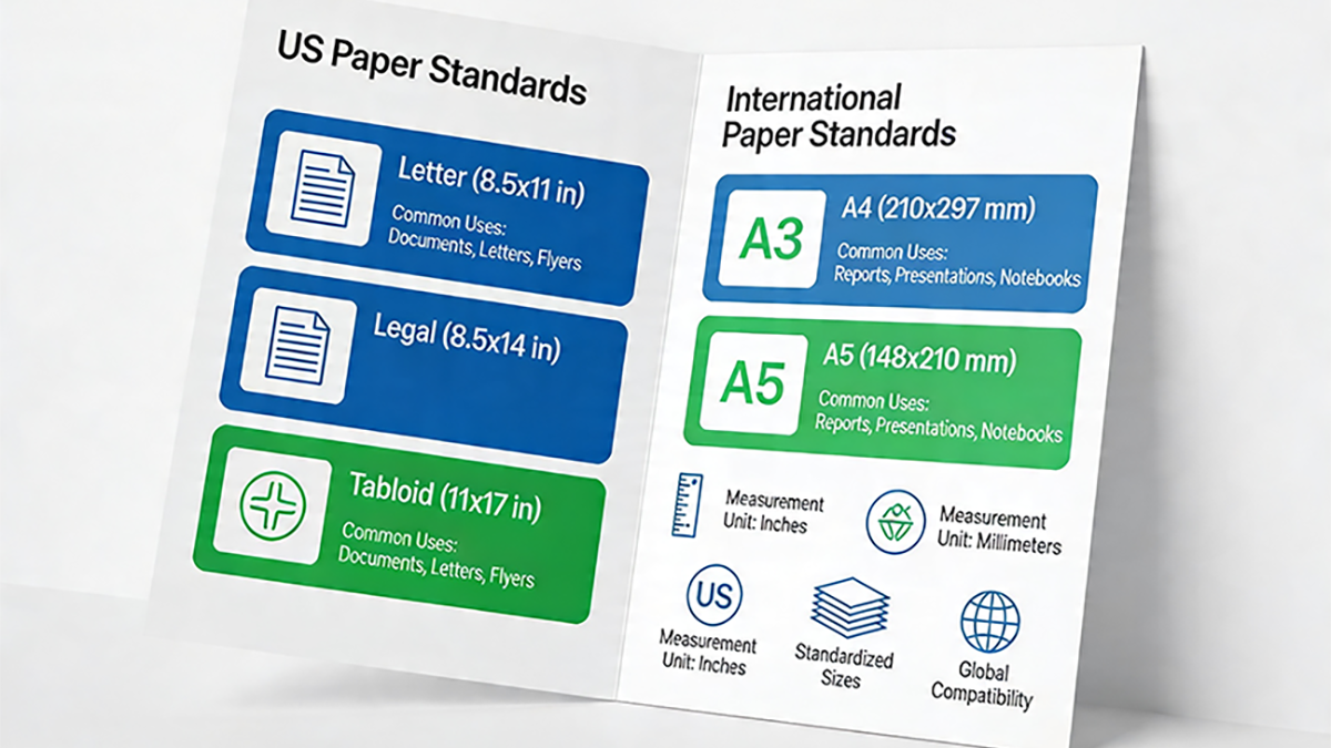 A graphic showing US paper standards on the left including Letter 8.5 by 11, Legal 8.5 by 14, and Tabloid 11 by 17, and international paper standards on the right including A3 at 210 by 297 millimeters and A5 at 148 by 210 millimeters, with measurement