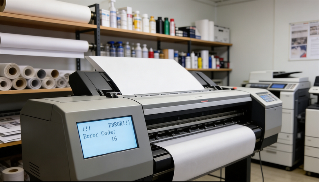 A wide format plotter in a print room displaying an error code reading ERROR Error Code 16 on its control panel screen, with rolls of media and ink bottles visible on shelving in the background and a second printer partially visible to the right