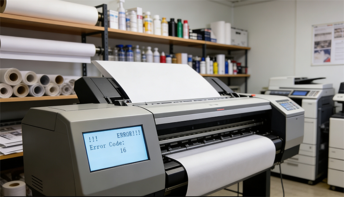 A wide format plotter in a print room displaying an error code reading ERROR Error Code 16 on its control panel screen, with rolls of media and ink bottles visible on shelving in the background and a second printer partially visible to the right