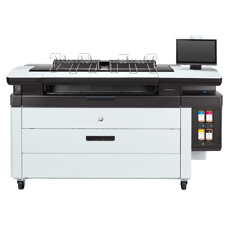 Large white HP plotter (wide-format printer) with a top stacker and black accents on a white background